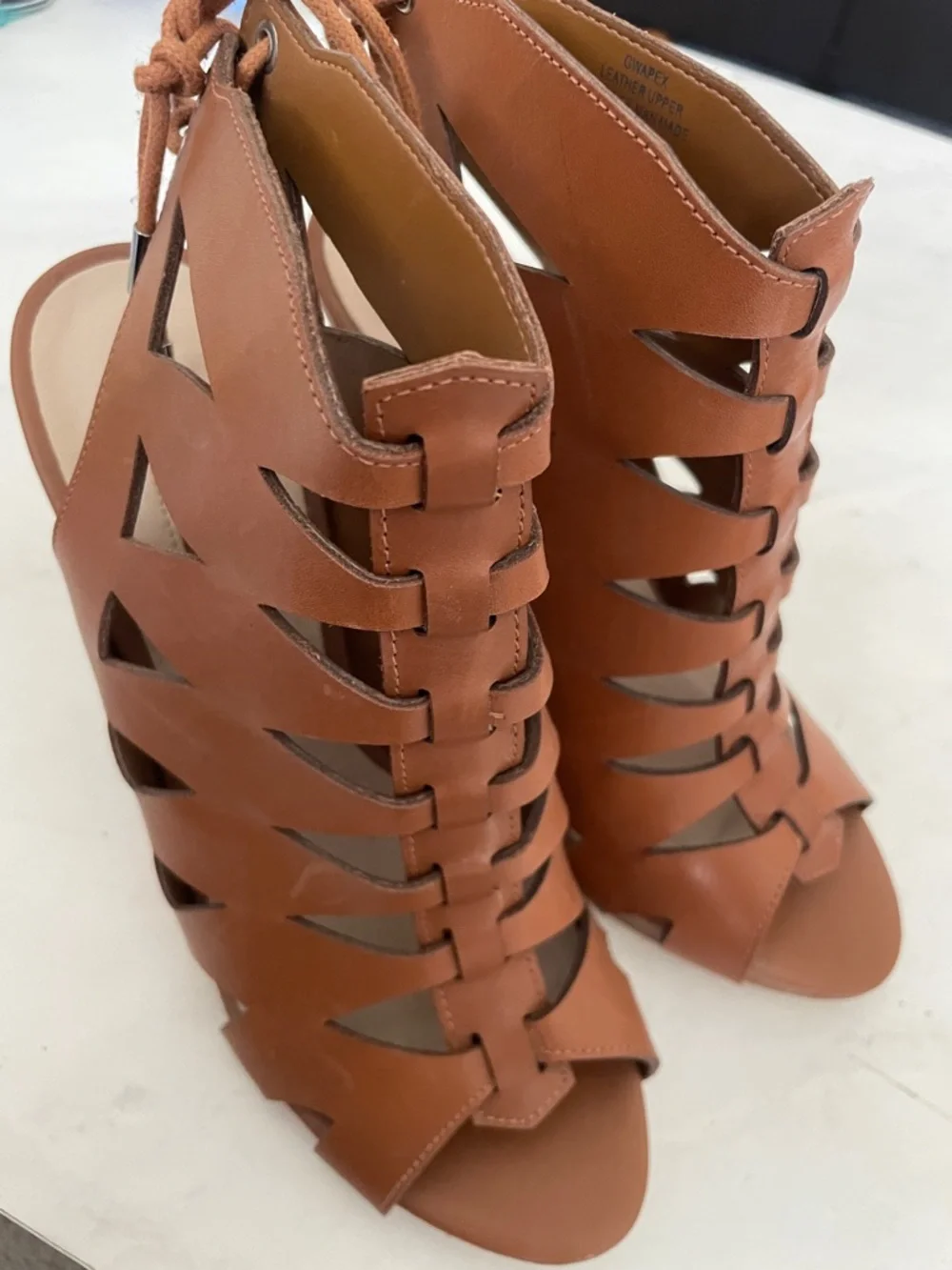 Women's Tan Lace-Up Cutout Heeled Sandals